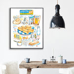 butterscotch krimpets recipe fine art print in watercolor featuring the ingredients and a plate of cookies, along with handwritten instructions in English. The framed poster hanging in a dining space.