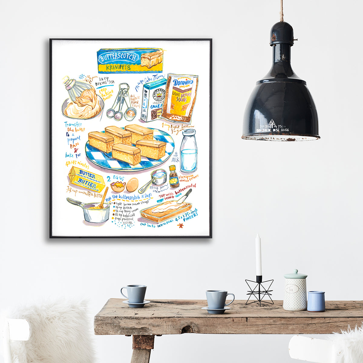 butterscotch krimpets recipe fine art print in watercolor featuring the ingredients and a plate of cookies, along with handwritten instructions in English. The framed poster hanging in a dining space.
