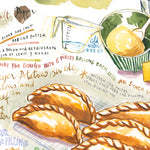close-up image of Cornish pasty recipe fine art print in watercolor featuring the ingredients and the finished dish, along with handwritten instructions in English.