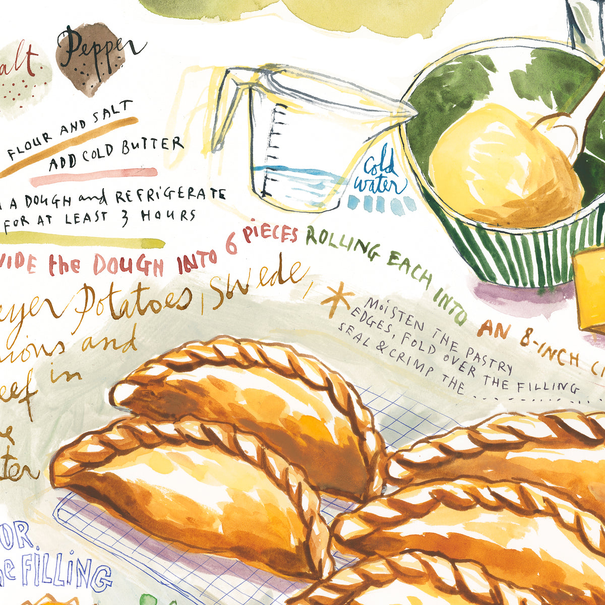 close-up image of Cornish pasty recipe fine art print in watercolor featuring the ingredients and the finished dish, along with handwritten instructions in English.