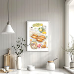 Cornish pasty recipe fine art print in watercolor featuring the ingredients and the finished dish, along with handwritten instructions in English. The framed poster hanging in a Kitchen.