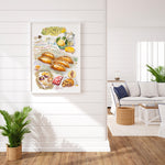 Cornish pasty recipe fine art print in watercolor featuring the ingredients and the finished dish, along with handwritten instructions in English. The framed poster hanging in a living room.