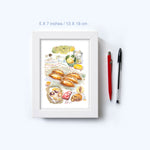 Watercolor Cornish pasty recipe print displayed in a 5×7 frame to show scale.
