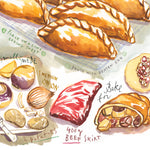 close-up image of Cornish pasty recipe fine art print in watercolor featuring the ingredients and the finished dish, along with handwritten instructions in English.