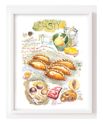 Cornish pasty recipe fine art print in watercolor featuring the ingredients and the finished dish, along with handwritten instructions in English.