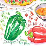 Close-up image of a Denver omelet recipe fine art print in watercolor featuring the ingredients and the finished dish, along with handwritten instructions in English.