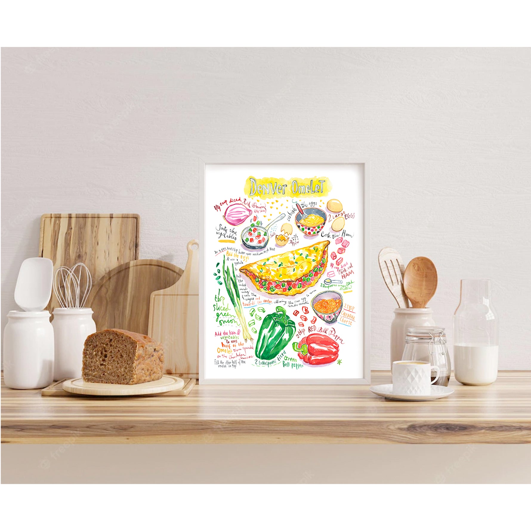 Denver omelet recipe fine art print in watercolor featuring the ingredients and the finished dish, along with handwritten instructions in English. The framed poster hanging in a kitchen space.