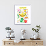 Denver omelet recipe fine art print in watercolor featuring the ingredients and the finished dish, along with handwritten instructions in English. The framed poster hanging in a kitchen space.