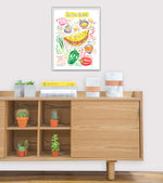 Denver omelet recipe fine art print in watercolor featuring the ingredients and the finished dish, along with handwritten instructions in English. The framed poster hanging in a dining space.