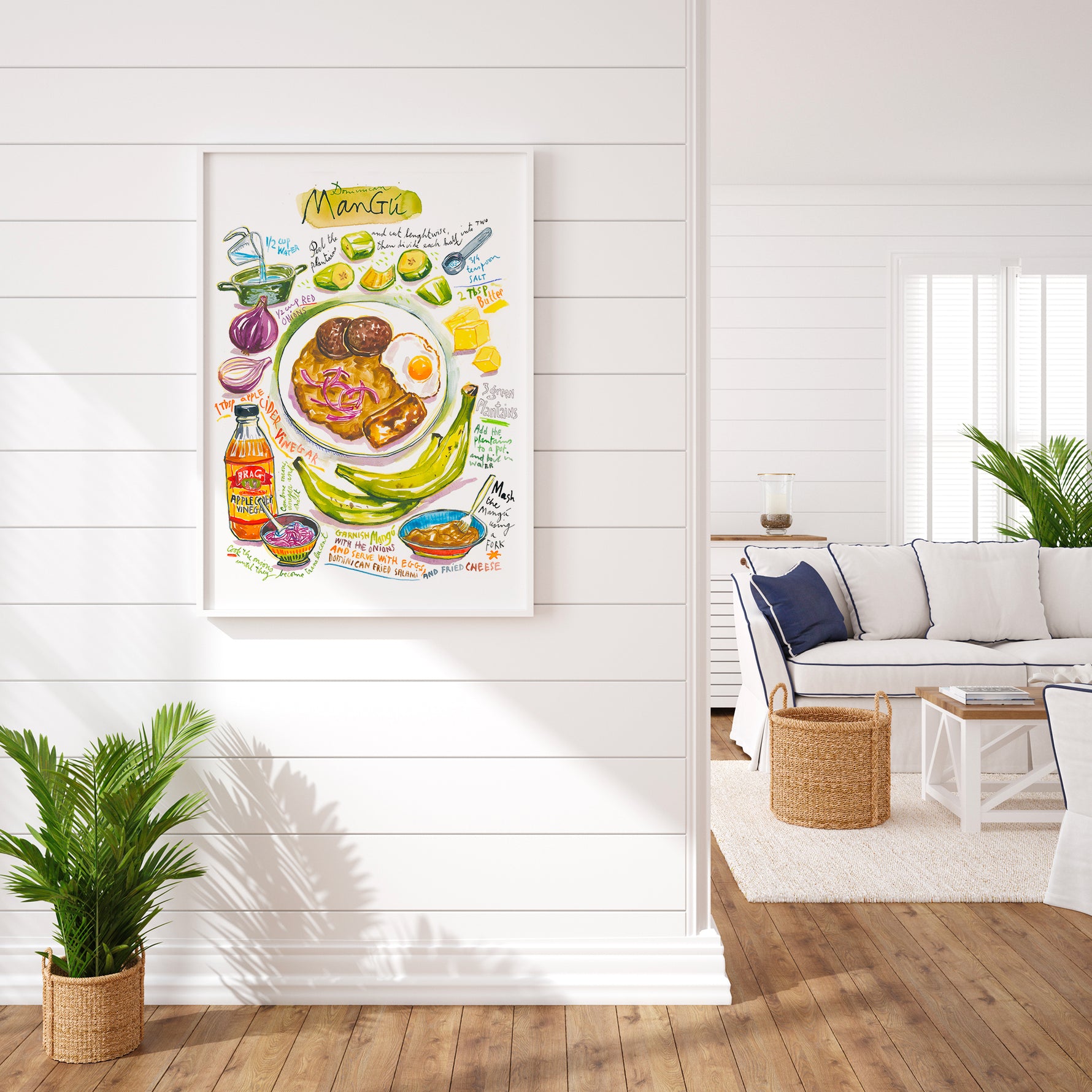 Dominican Mangu recipe fine art print in watercolor showing the ingredients and the dish as well as handwritten instructions in English. 
