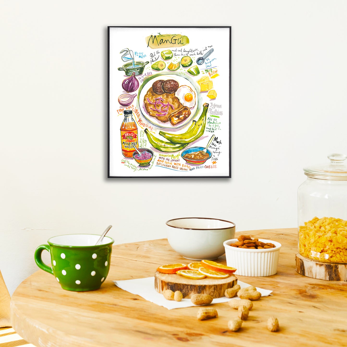 Dominican Mangu recipe fine art print in watercolor showing the ingredients and the dish as well as handwritten instructions in English. 