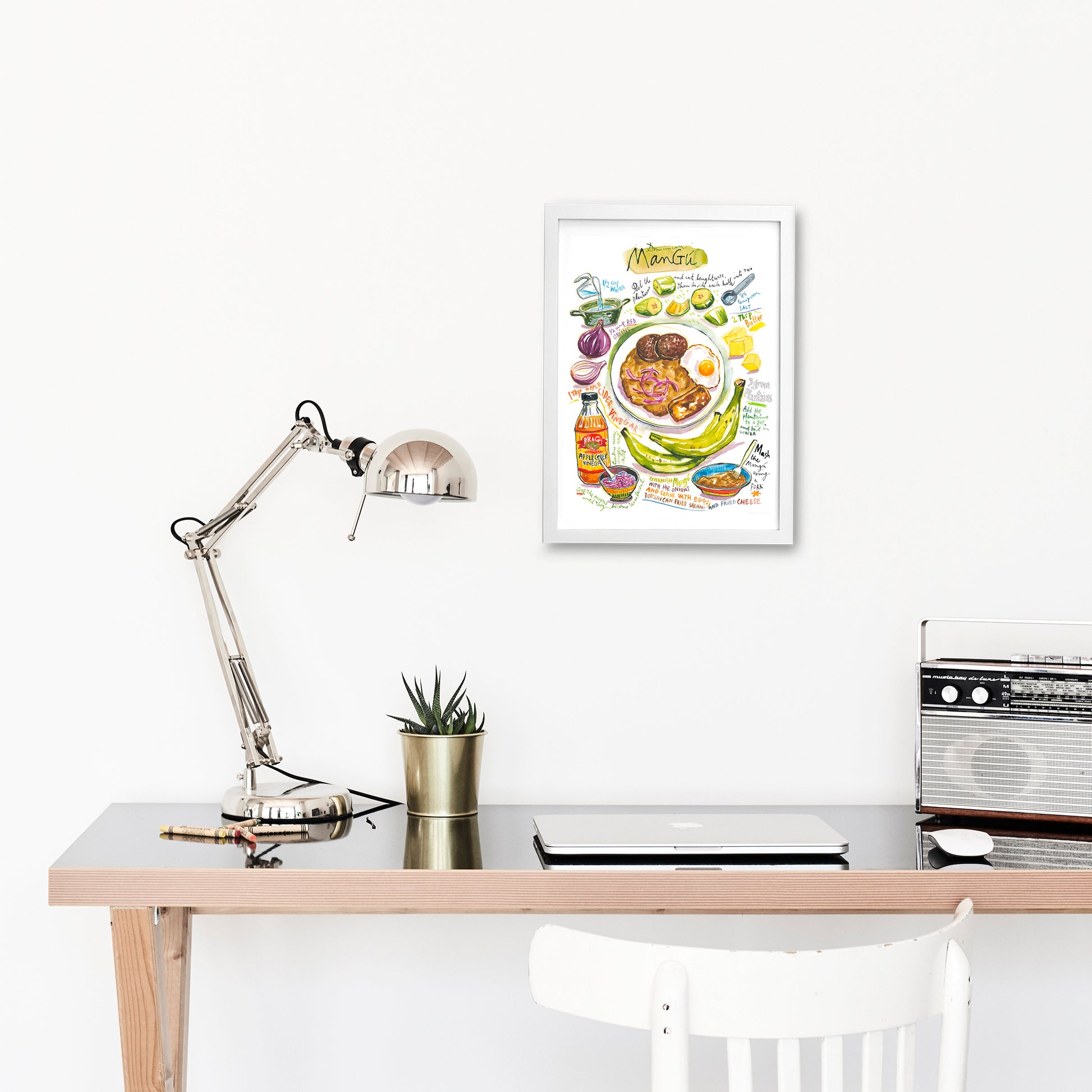 Dominican Mangu recipe fine art print in watercolor showing the ingredients and the dish as well as handwritten instructions in English. 