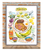 Dominican Mangu recipe fine art print in watercolor showing the ingredients and the dish as well as handwritten instructions in English. 