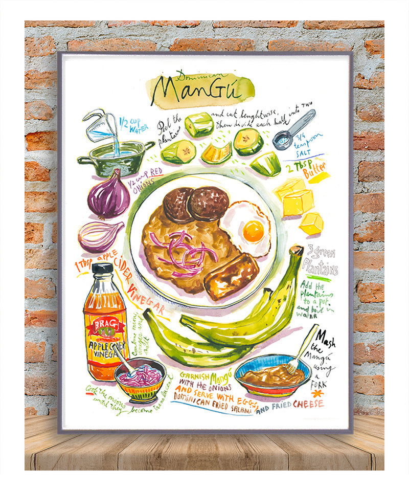 Dominican Mangu recipe fine art print in watercolor showing the ingredients and the dish as well as handwritten instructions in English. 