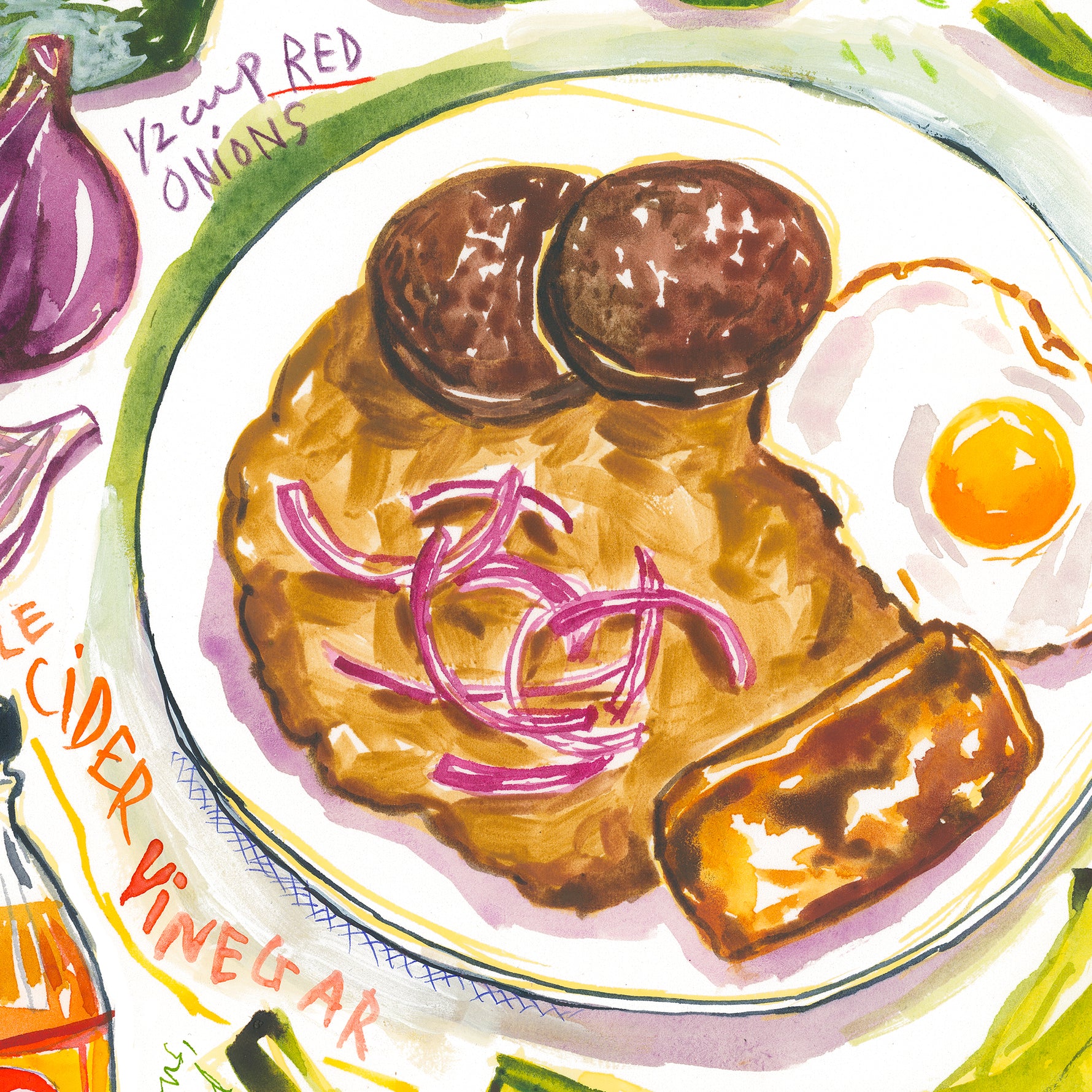 Dominican Mangu recipe fine art print in watercolor showing the ingredients and the dish as well as handwritten instructions in English. 