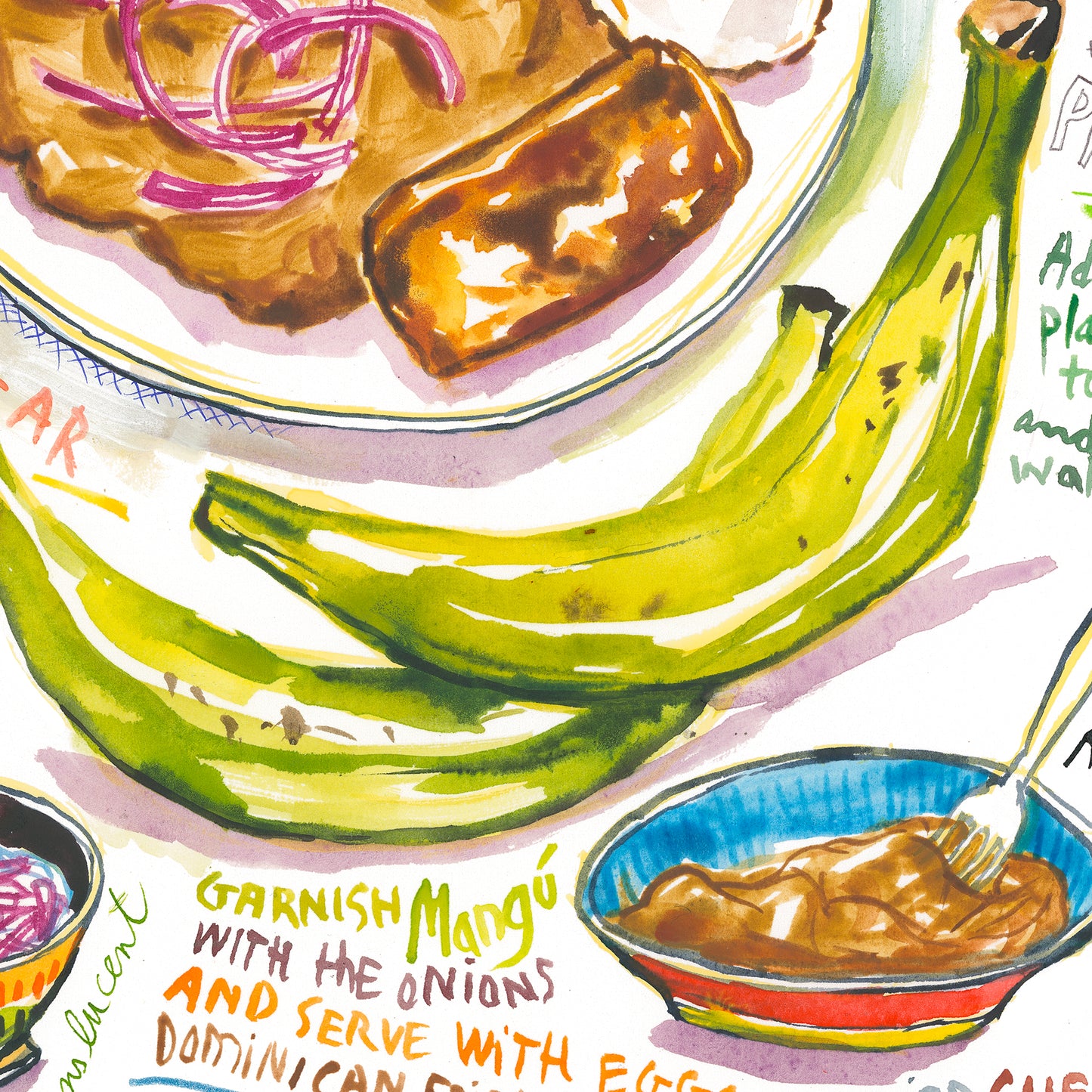 Dominican Mangu recipe fine art print in watercolor showing the ingredients and the dish as well as handwritten instructions in English. 