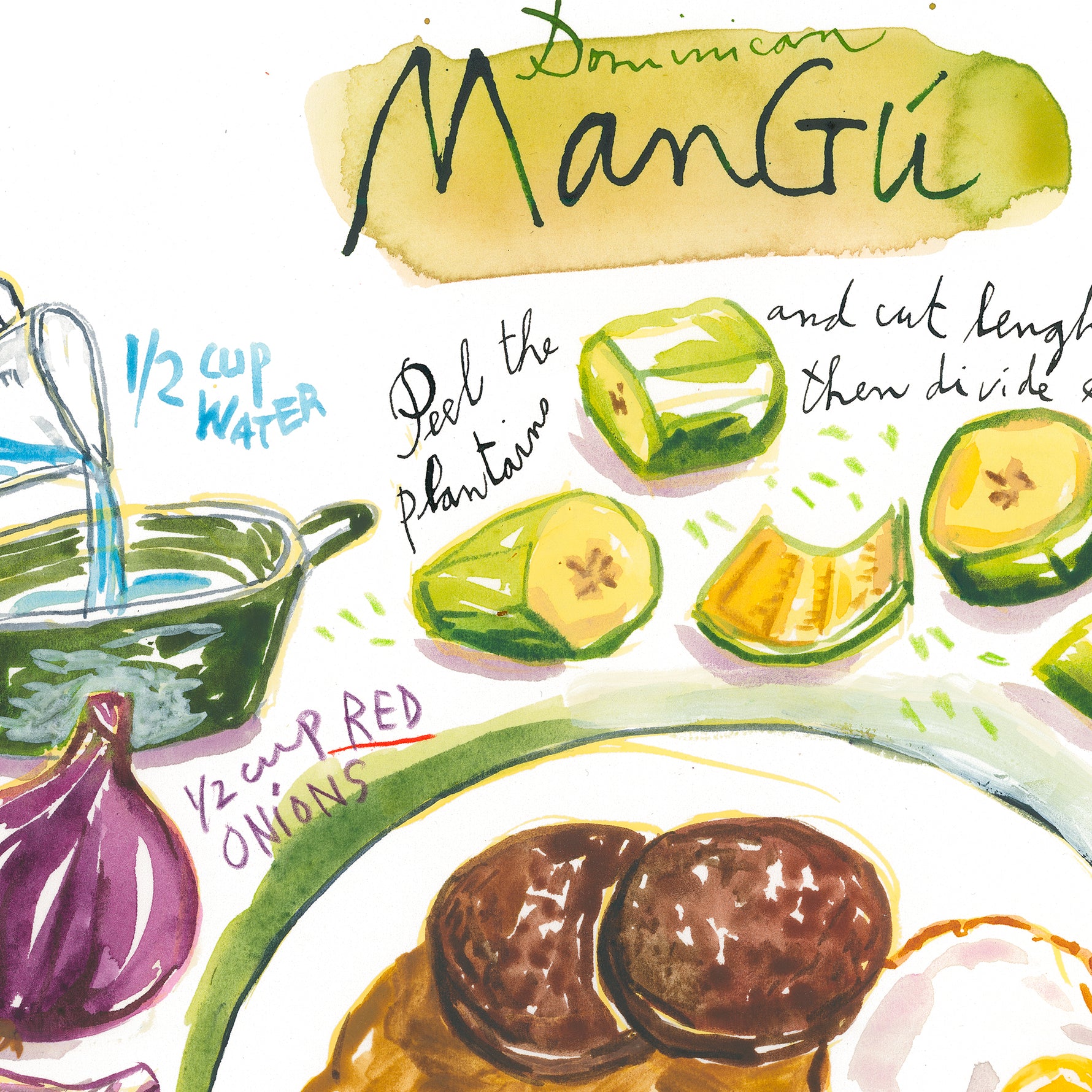 Dominican Mangu recipe fine art print in watercolor showing the ingredients and the dish as well as handwritten instructions in English. 