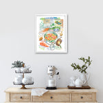 Watercolor fine art print of Finnish lohikeitto salmon soup recipe with potatoes and dill.