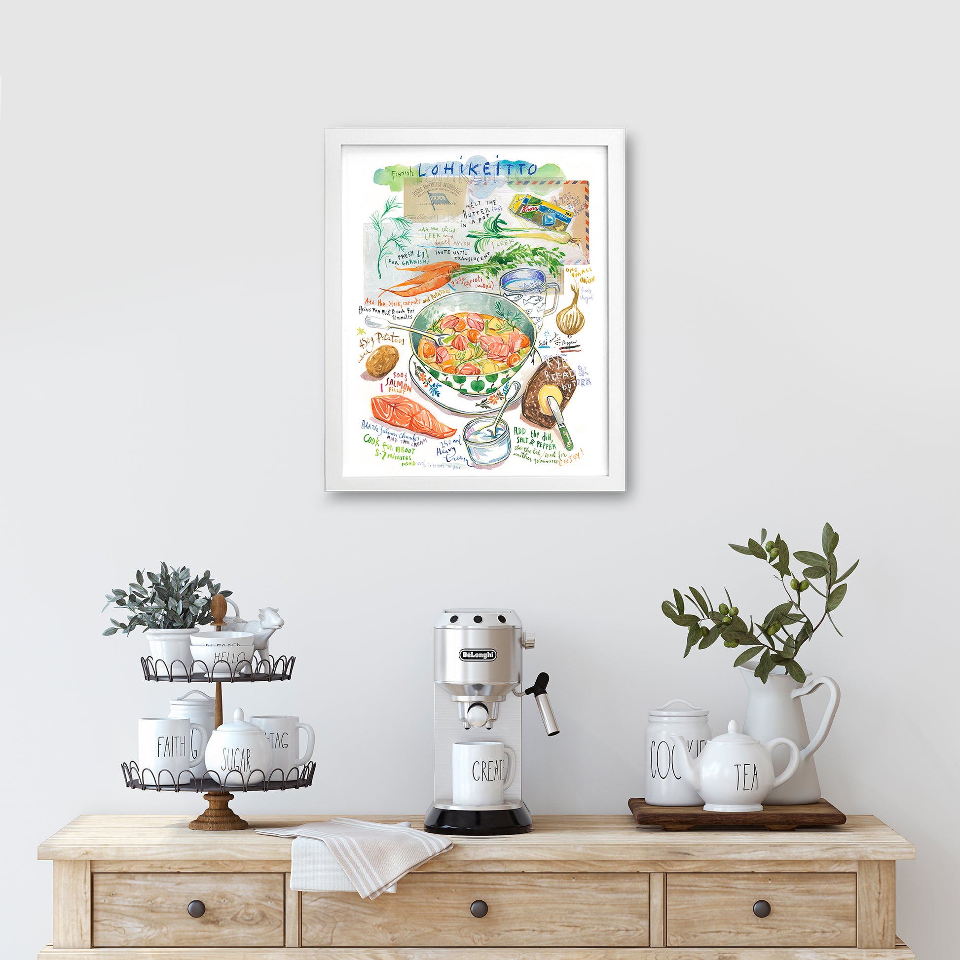Watercolor fine art print of Finnish lohikeitto salmon soup recipe with potatoes and dill.