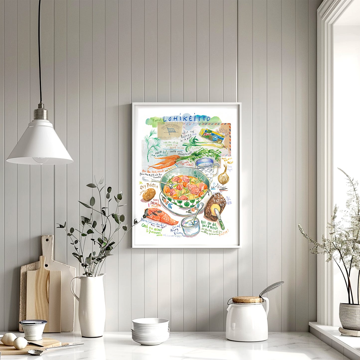 Watercolor fine art print of Finnish lohikeitto salmon soup recipe with potatoes and dill.