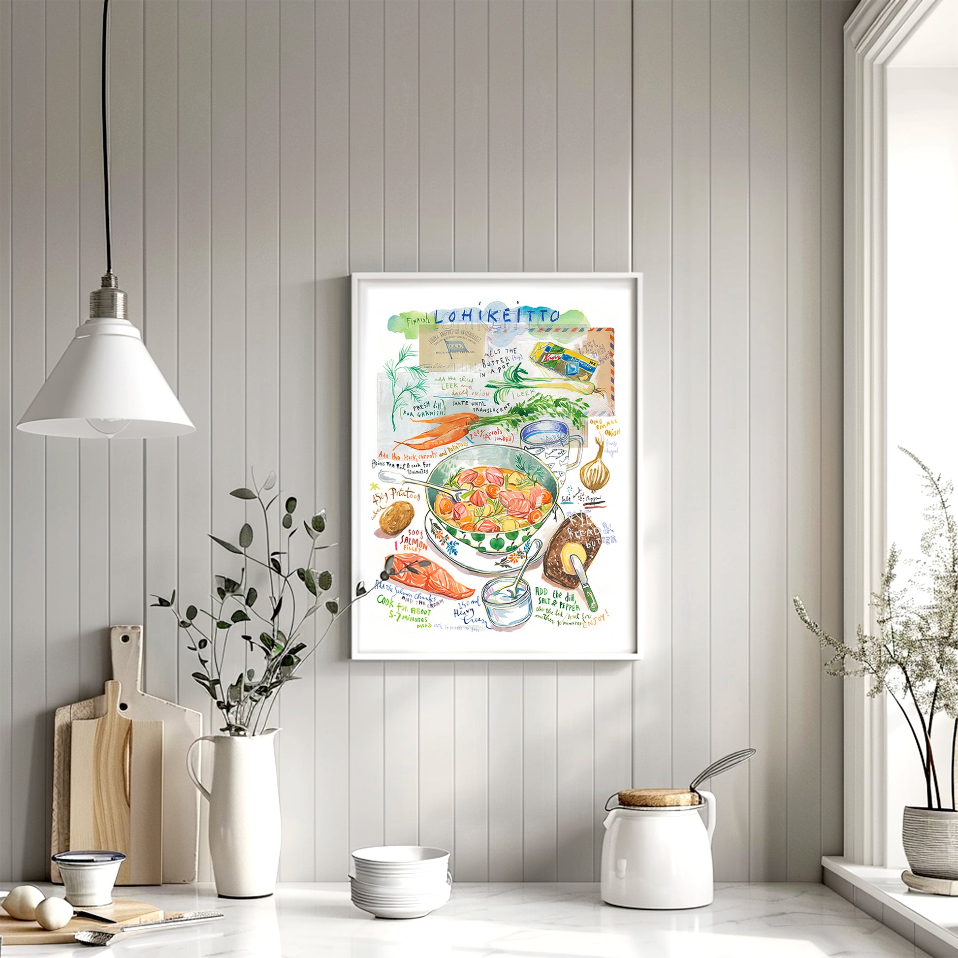 Watercolor fine art print of Finnish lohikeitto salmon soup recipe with potatoes and dill.