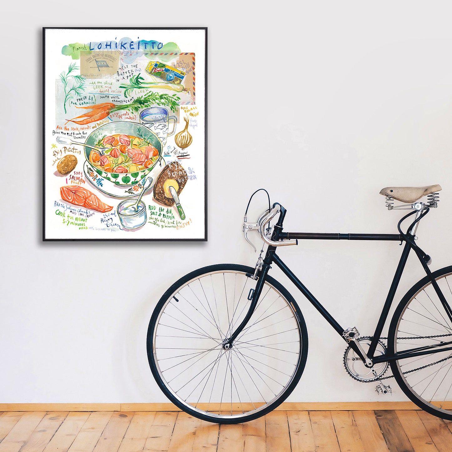 Watercolor fine art print of Finnish lohikeitto salmon soup recipe with potatoes and dill.