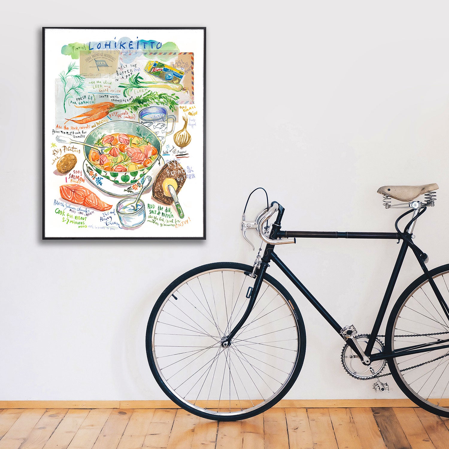 Watercolor fine art print of Finnish lohikeitto salmon soup recipe with potatoes and dill.