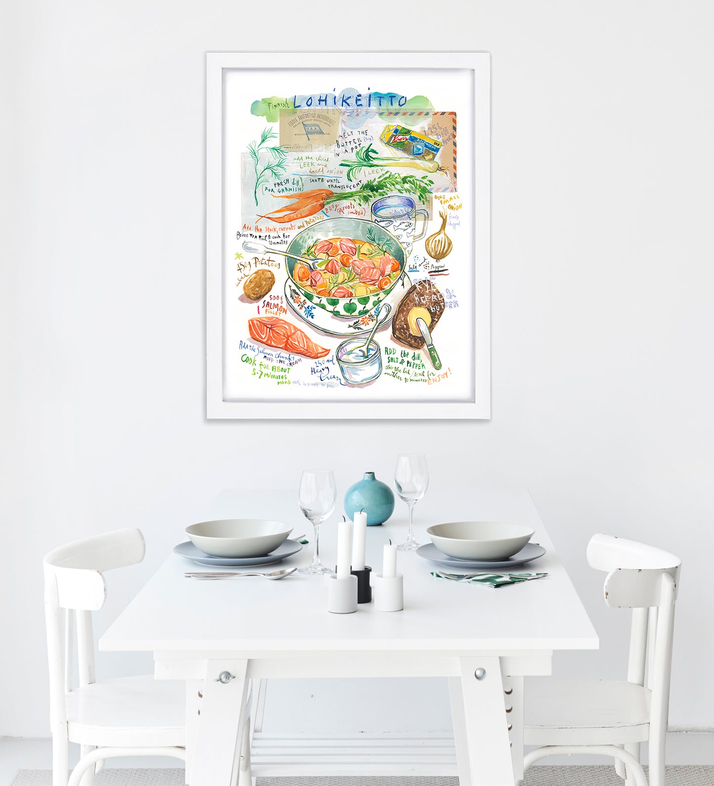 Watercolor fine art print of Finnish lohikeitto salmon soup recipe with potatoes and dill.