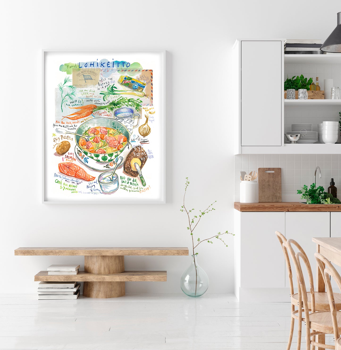 Watercolor fine art print of Finnish lohikeitto salmon soup recipe with potatoes and dill.