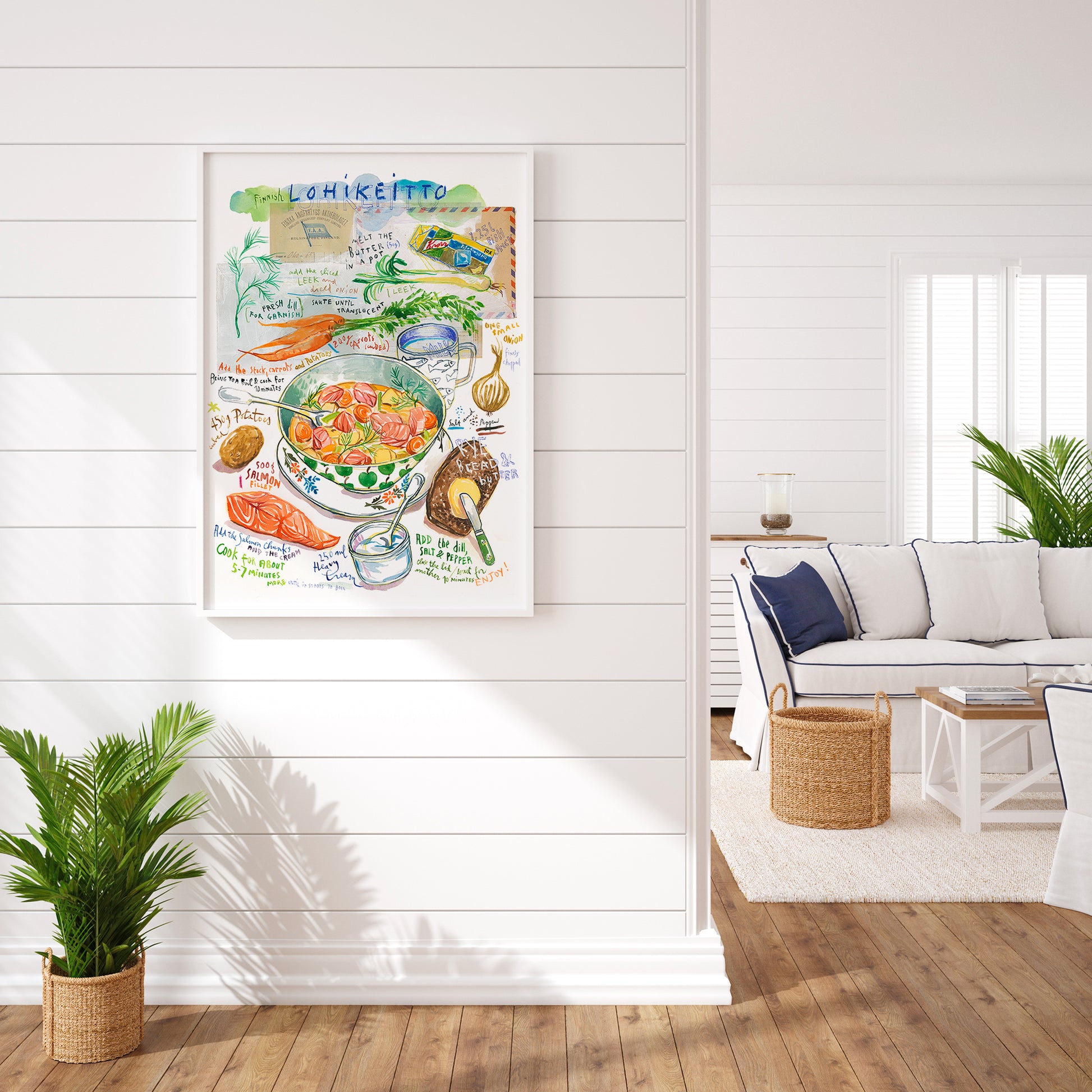 Watercolor fine art print of Finnish lohikeitto salmon soup recipe with potatoes and dill.