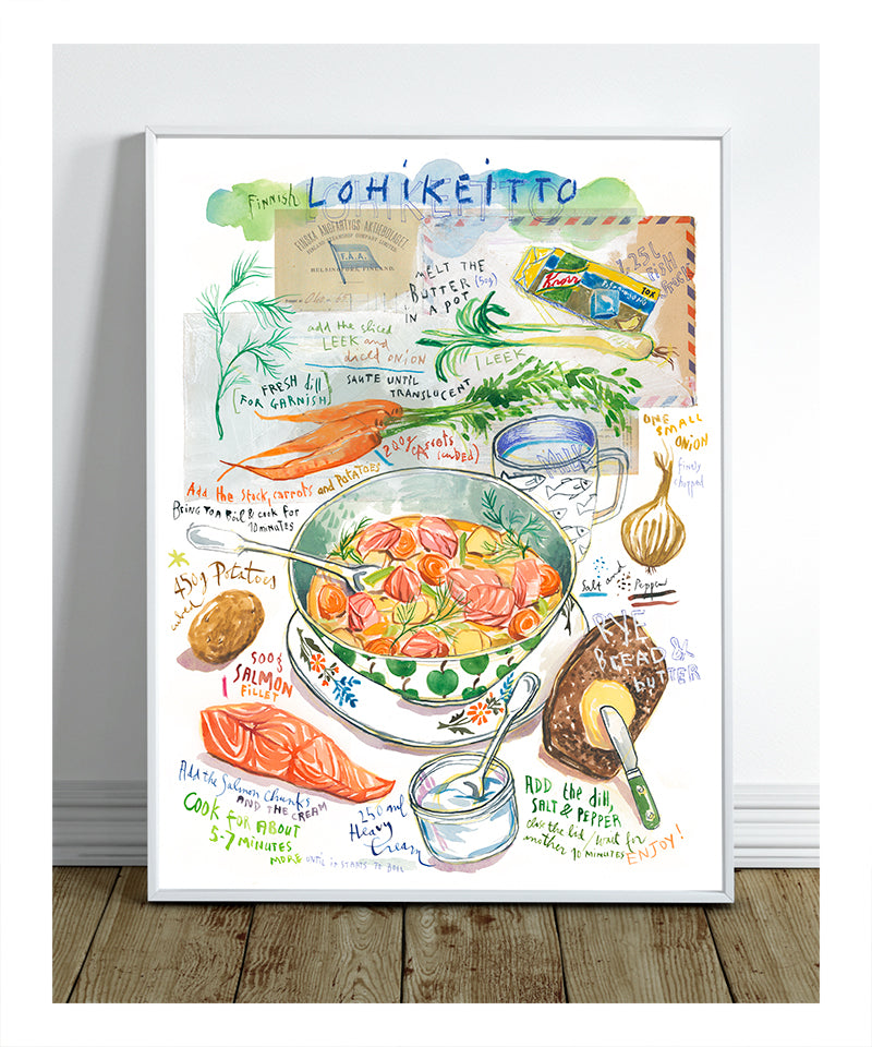 Watercolor fine art print of Finnish lohikeitto salmon soup recipe with potatoes and dill.
