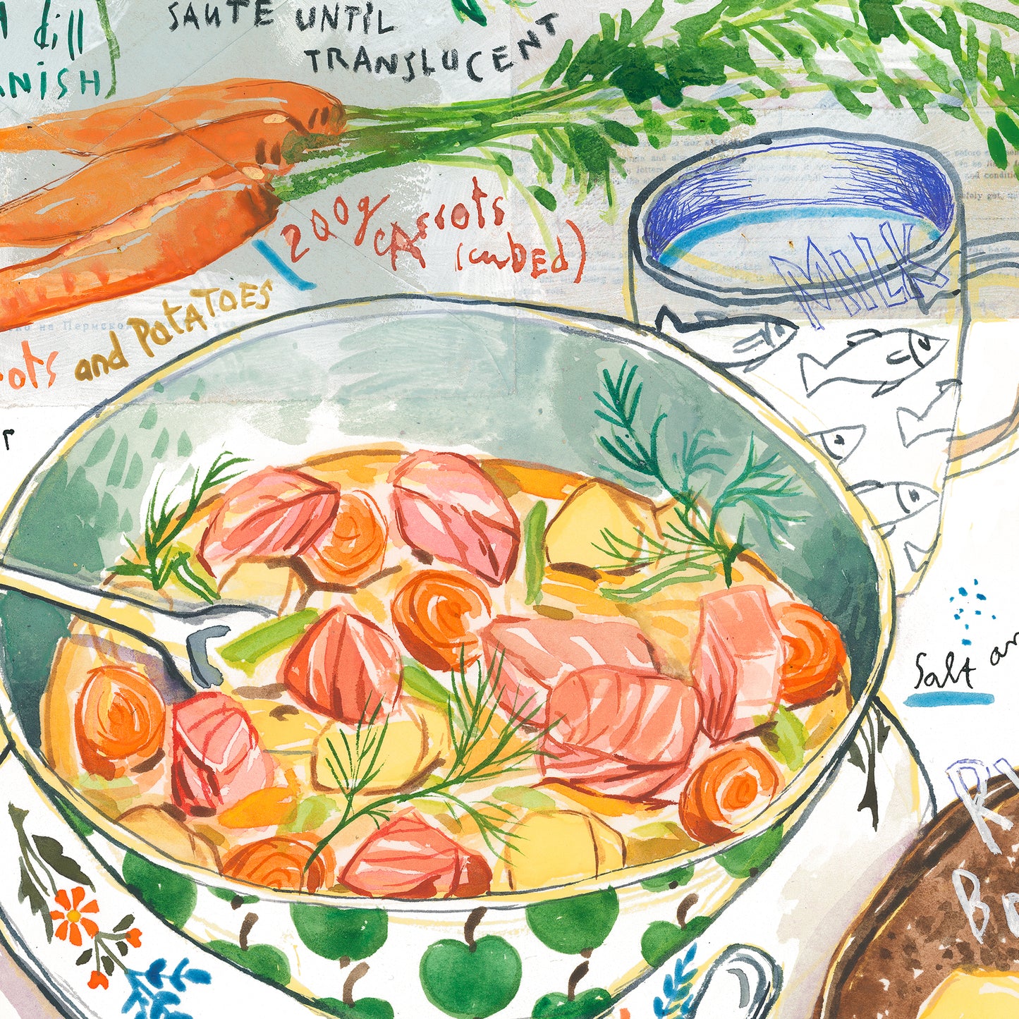 Watercolor fine art print of Finnish lohikeitto salmon soup recipe with potatoes and dill.