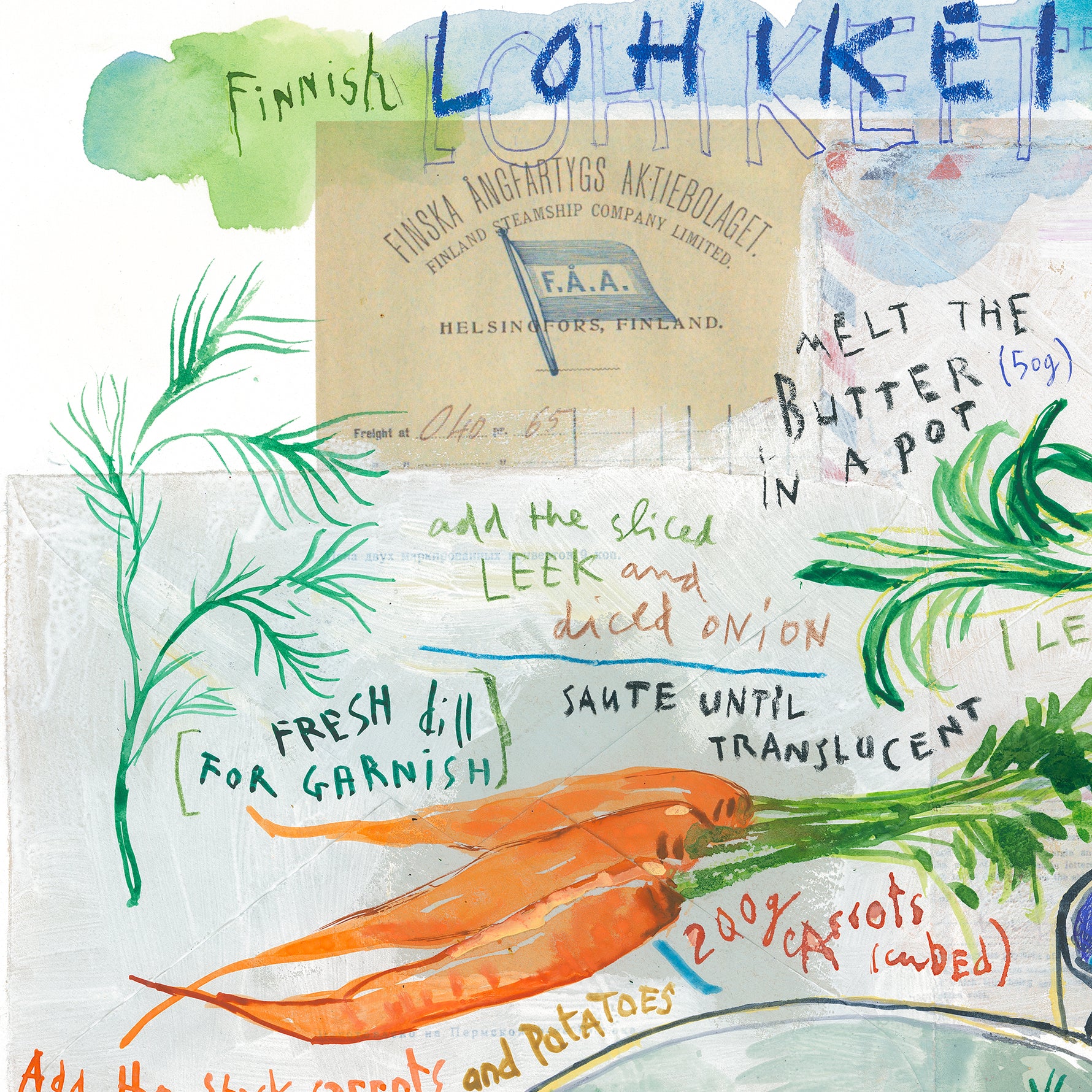 Watercolor fine art print of Finnish lohikeitto salmon soup recipe with potatoes and dill.
