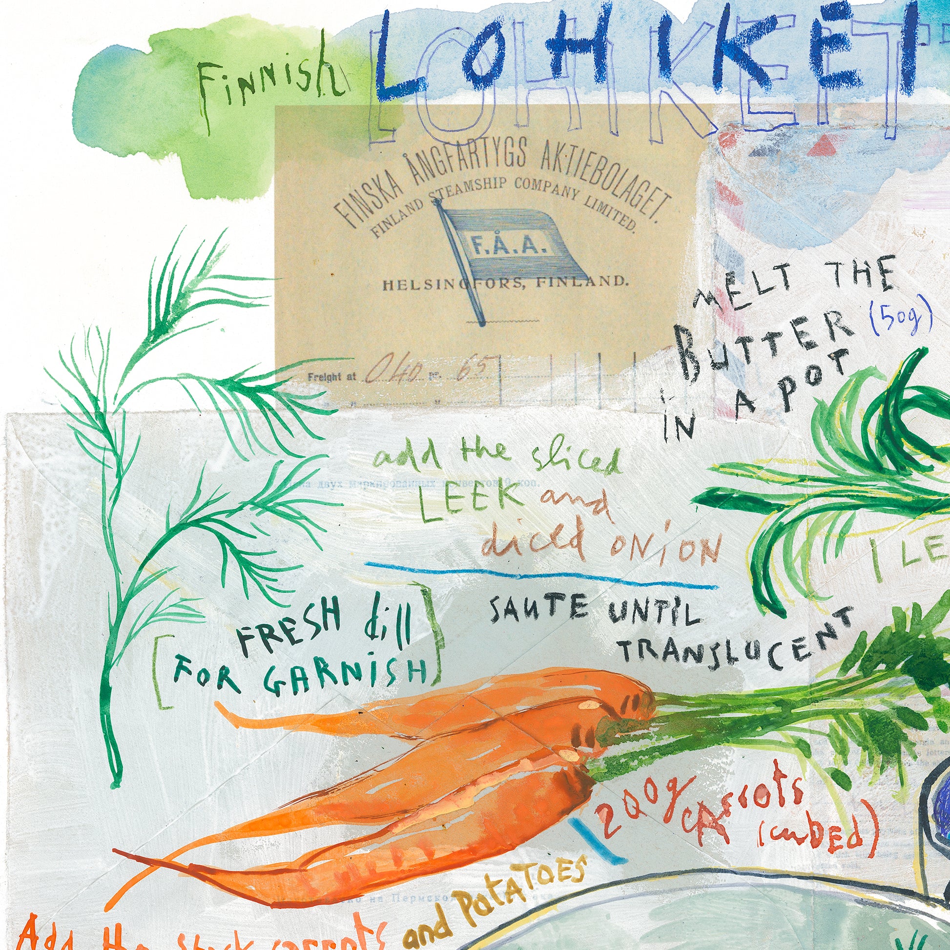 Watercolor fine art print of Finnish lohikeitto salmon soup recipe with potatoes and dill.