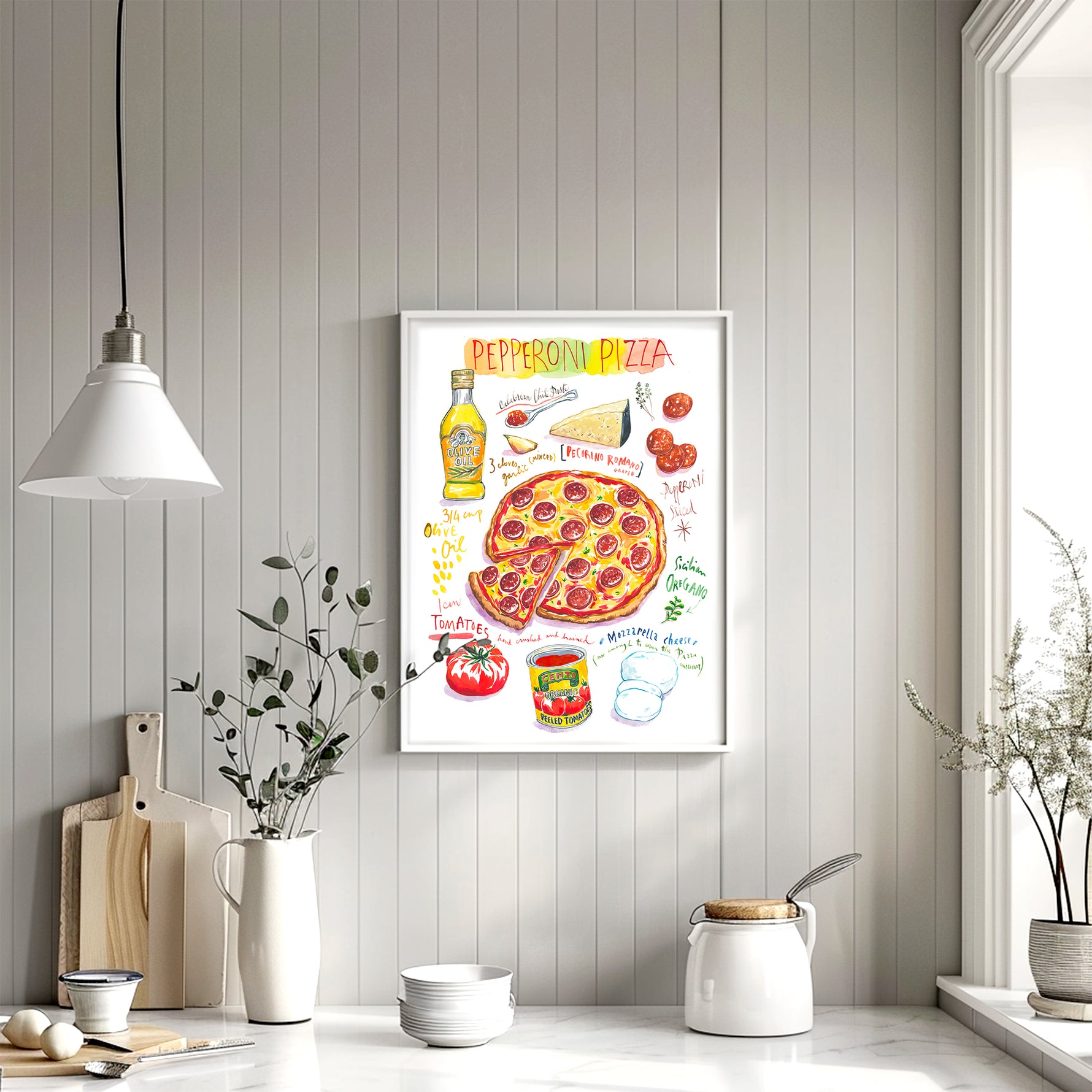 pepperoni pizza recipe fine art print in watercolor featuring the ingredients and the finished dish, along with handwritten instructions in English. The framed poster hanging in a kitchen space.