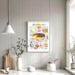 Boston cream pie recipe fine art print in watercolor featuring the ingredients and the finished cake, along with handwritten instructions in English. The framed poster hanging in a kitchen space.