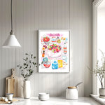 pavlova recipe fine art print in watercolor featuring the ingredients and the finished dish, along with handwritten instructions in English. The framed poster hanging in a kitchen space.