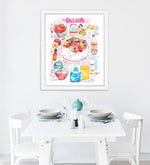 pavlova recipe fine art print in watercolor featuring the ingredients and the finished dish, along with handwritten instructions in English. The framed poster hanging in a dining space.