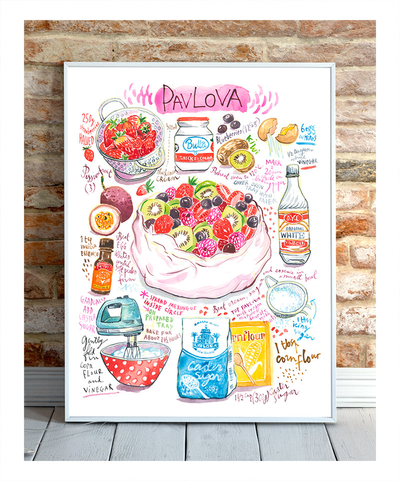 pavlova recipe fine art print in watercolor featuring the ingredients and the finished dish, along with handwritten instructions in English.