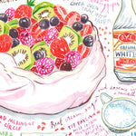 close-up image of a pavlova recipe fine art print in watercolor featuring the ingredients and the finished dish, along with handwritten instructions in English.