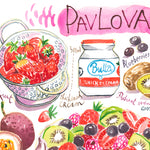 close-up image of a pavlova recipe fine art print in watercolor featuring the ingredients and the finished dish, along with handwritten instructions in English.