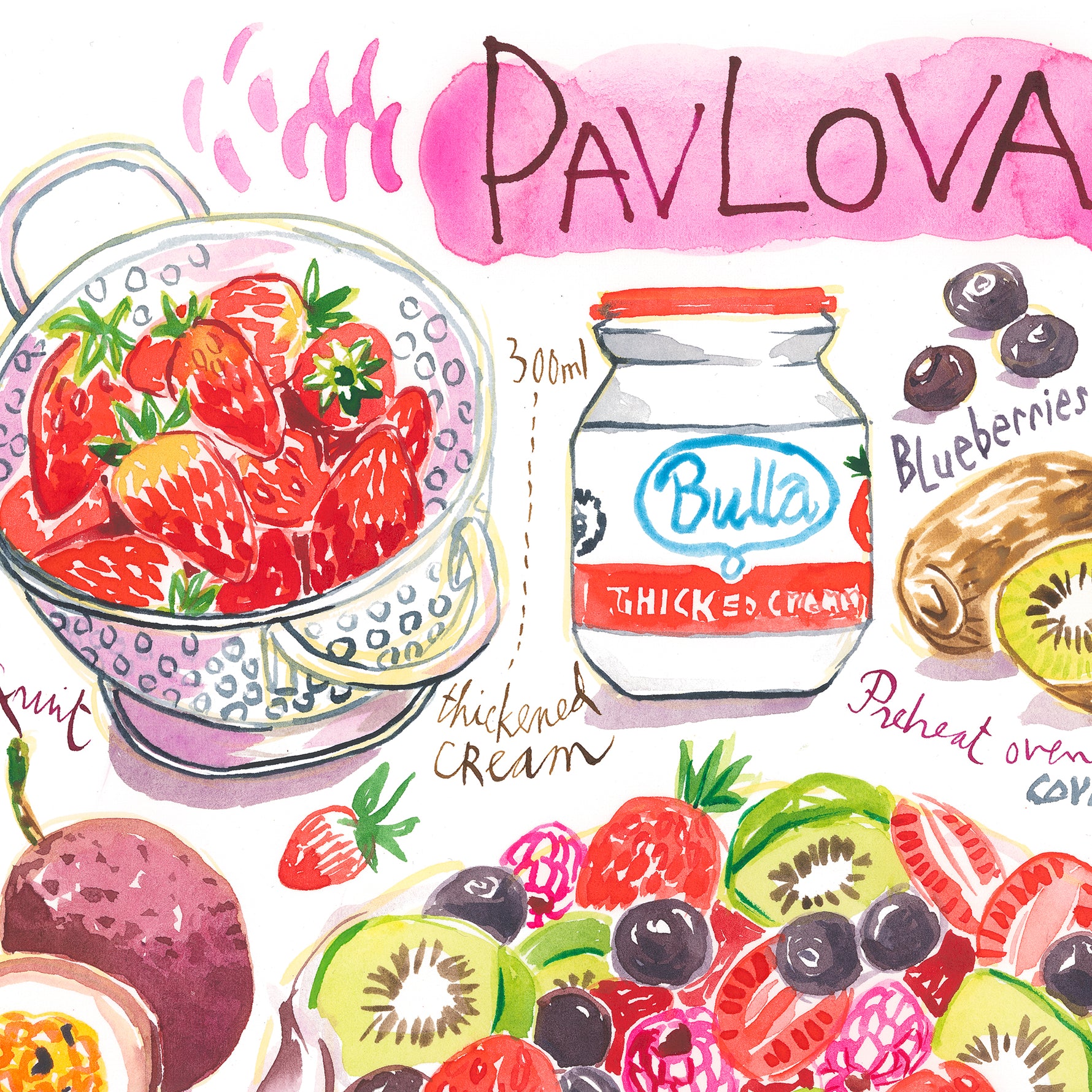 close-up image of a pavlova recipe fine art print in watercolor featuring the ingredients and the finished dish, along with handwritten instructions in English.