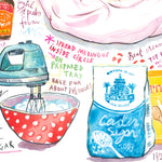 close-up image of a pavlova recipe fine art print in watercolor featuring the ingredients and the finished dish, along with handwritten instructions in English.