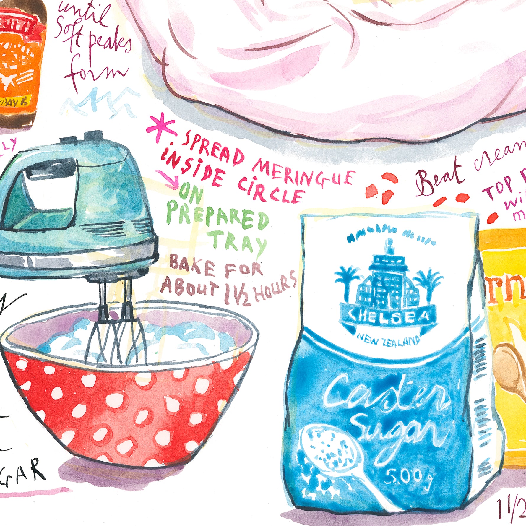 close-up image of a pavlova recipe fine art print in watercolor featuring the ingredients and the finished dish, along with handwritten instructions in English.