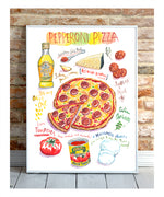 pepperoni pizza recipe fine art print in watercolor featuring the ingredients and the finished dish, along with handwritten instructions in English.