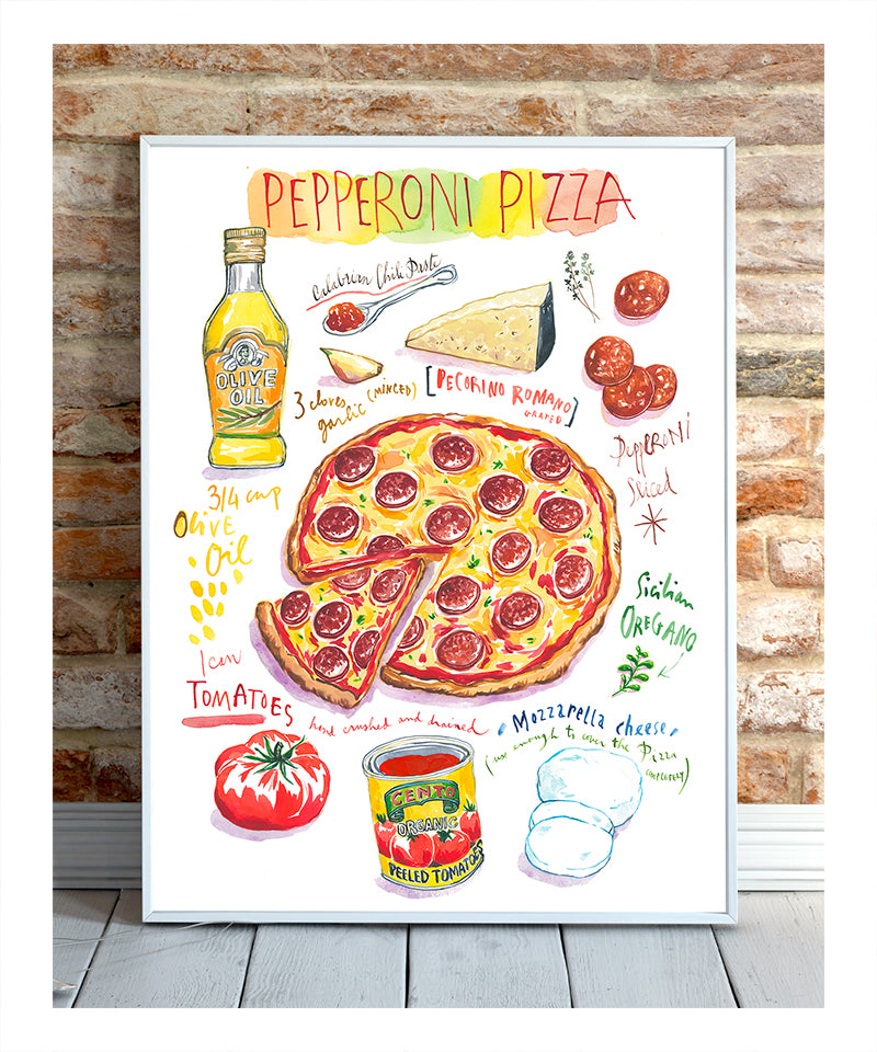 pepperoni pizza recipe fine art print in watercolor featuring the ingredients and the finished dish, along with handwritten instructions in English.