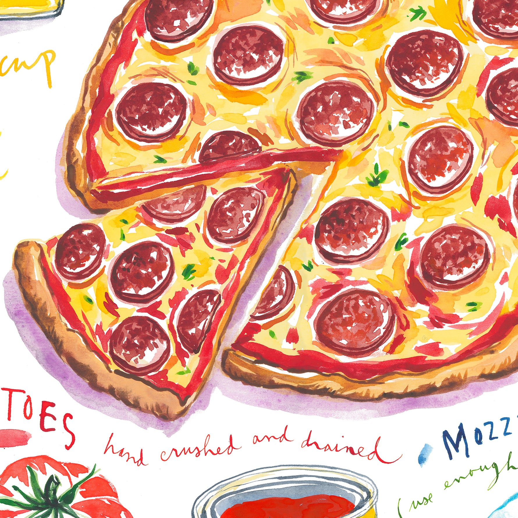 close-up image of pepperoni pizza recipe fine art print in watercolor featuring the ingredients and the finished dish, along with handwritten instructions in English.
