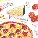 close-up image of pepperoni pizza recipe fine art print in watercolor featuring the ingredients and the finished dish, along with handwritten instructions in English.
