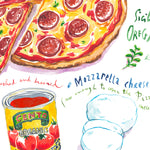 close-up image of pepperoni pizza recipe fine art print in watercolor featuring the ingredients and the finished dish, along with handwritten instructions in English.