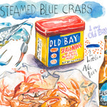 close-up image of a Maryland steamed crabs recipe fine art print in watercolor featuring the ingredients and the finished dish, along with handwritten instructions in English.